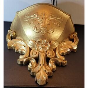 Vintage MCM Gold tone Wall Pocket Planter, Dart/Himeco/Syroco, Fleur-de-lis 1978